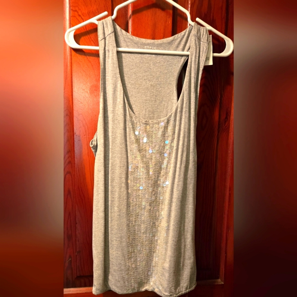 Grey, Sequin detail on front, tank top, Size Large, from Grace.